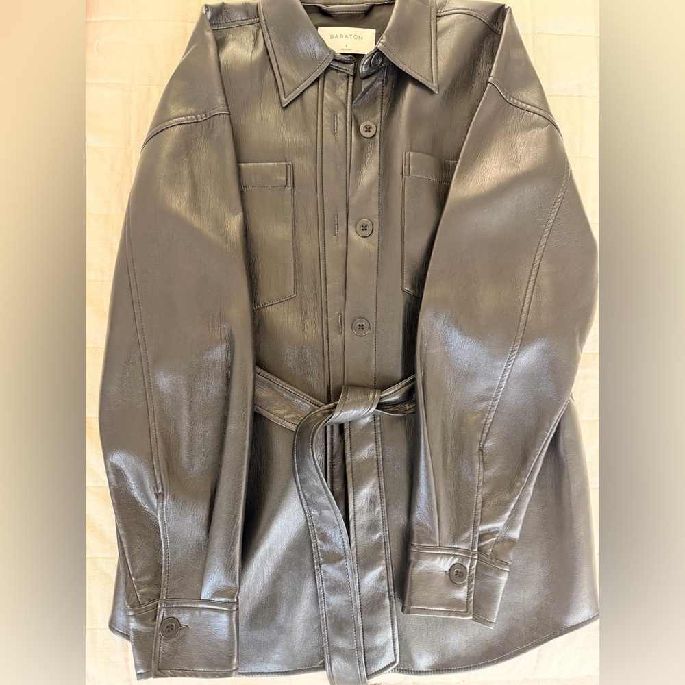 Aritzia Barton Black Leather belted Button-Up Jacket